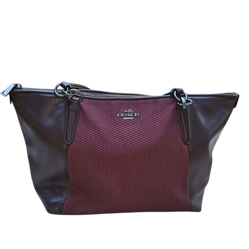 Coach Wine Burgandy Colored Satchel Tote Bag Leather and Cloth Medium Size